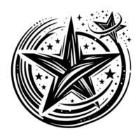 Bold Black and White Starburst with Central Point Star, Swirls, and Surrounding Stellar Elements. vector