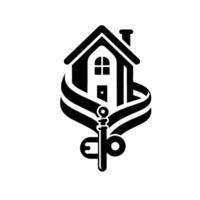 Black and white stylized of a house embraced by a ribbon, with key symbolizing real estate and homeownership. vector