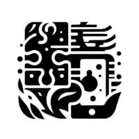 Abstract black and white square composition featuring a smartphone, puzzle pieces, and organic shapes in a modern illustration style. vector