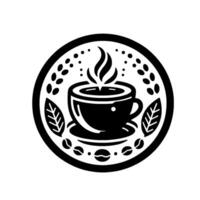 Monochrome Circular Coffee Steaming Cup, Leaves, and Beans within a Black White . vector