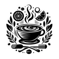 Stylized monochrome illustration of a steaming coffee cup, encircled by lemon slices, leaves, and a crossed spoon and fork, evoking a sense of warmth and freshness. vector