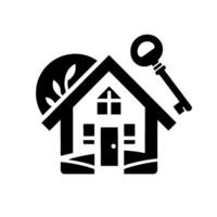 Simplified Black and White of a House with a Key, Leafy Element, Real Estate Concept. vector