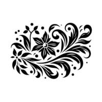 Elegant Black Floral Motif on White Stylized of Flowers, Leaves, Swirls, and Dots, Creating a Decorative Flourish. vector