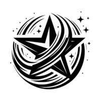Bold Black and White Starburst A stylized fivepointed star encircled by dynamic swirling lines and scattered stars. vector