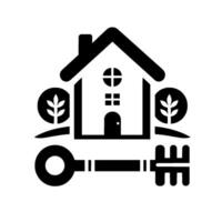 Black and White House Featuring a Key, Trees, and Geometric Elements Illustrating Real Estate and Homeownership. vector