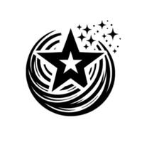 Black and White Starburst A bold star inside a swirling circle, surrounded by smaller stars and sparkles, creating a dynamic and modern . vector