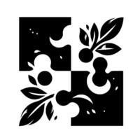 Abstract Black and White Puzzle Four Pieces with Leafy Branches and Fruit Elements, Modern , Minimalist Composition. vector