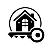 A stylized black and white real estate with a house inside a circle, shining windows, and a key. vector