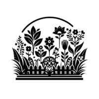 A stylized monochrome garden illustration featuring a fence, diverse plants, and floral details within a curved arch on a white background. vector