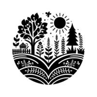 Monochromatic, circular, stylized illustration of a serene garden landscape featuring a tree, house, and varied flora basking in sunlight, with a butterfly. vector