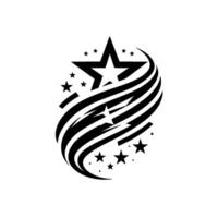 Abstract black and white star burst with a central large star, swooshing ribbons, and smaller surrounding stars against a clean white background. vector