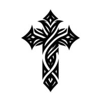 An intricate black and white Christian cross featuring interwoven lines, geometric shapes, and a tribal aesthetic on a plain white backdrop. vector