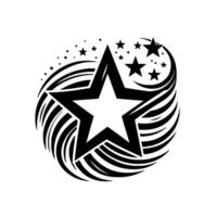 Bold, black and white star with radiating lines and smaller stars forming a dynamic emblem on white. vector