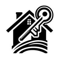 Black and white simplified depicting a house overlaid with a large key, symbolizing home ownership. vector