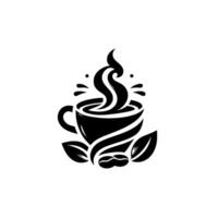 Abstract black and white illustration of a steaming coffee cup with stylized steam, leaves, and a coffee bean, on a white background. vector