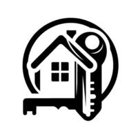 style house and key emblem, nestled within a black circular frame, symbolizing real estate access and ownership. vector