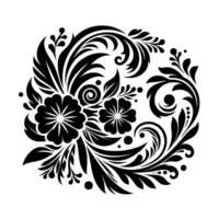 A symmetrical, monochrome floral with elegant curls and stylized leaves, creating a balanced, decorative motif for various applications. vector