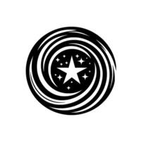 A minimalist black and white featuring a large star surrounded by smaller stars within concentric, swirling lines, on a white background. vector