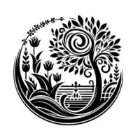 Monochromatic botanical in a circular frame featuring a stylized tree with spiral branches, flowers, water feature, and lush foliage. vector