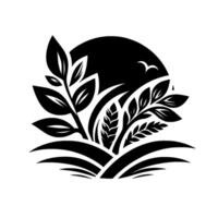 Stylized Black and White Illustration of a Field of Wheat and Crops at Sunset with a Flying Bird, Modern . vector