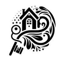 Black and White Illustration House Silhouette, Key with Floral Elements, Symbolic of Homeownership and Security. vector