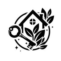 Black and White Real Estate Featuring a House, Key, Leaves, and a Circular Frame Emphasizing Home Ownership and Property. vector