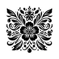 Symmetrical Black and White Floral Pattern Ornate with Petals, Leaves, Swirls, and Dots, Centered on a White Background. vector