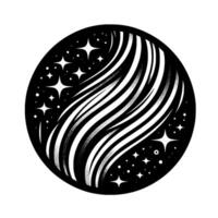 Abstract black and white circular with a flowing, striped form and sparkling stars, evoking cosmic energy. vector