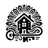 A symmetrical black and white house emblem featuring a key, set within a decorative floral , conveying security and home. vector