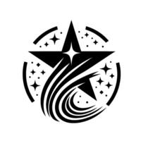 Dynamic Black and White Starburst A central fivepointed star with trailing streaks and surrounding stars enclosed within a circular frame. vector