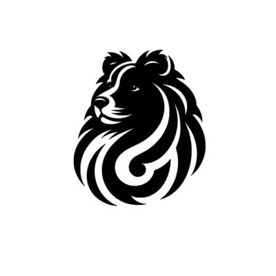 Abstract Black and White Dog Head with Swirling Details and Shadow, Illustration