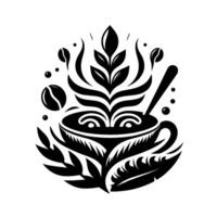 Intricate Monochrome Coffee Illustration Leafy Latte Art in a Cup with Spoon and Coffee Beans, on White Background. vector
