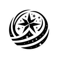 Stylized black and white emblem featuring a central multipointed star within a celestial orb, with surrounding stars and bands. vector