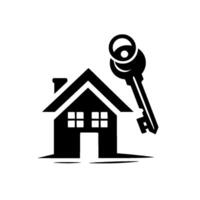 Black minimalist house with a key, symbolizing home ownership, real estate, and property access on white background. vector
