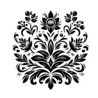 Symmetrical Black and White Floral Motif, Ornamental with Leafy Patterns, Berries and Stylized Blossoms. vector