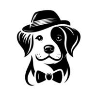 Dapper Dog Portrait A Black and White Illustration of a Stylish Canine with Fedora and Bow Tie on a White Background. vector