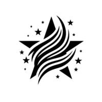 Abstract Black and White Star Emblem with Flowing Lines and Scattered Star Elements Against a Clean White Background. vector