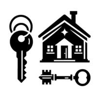 Black and white real estate featuring a house silhouette, a modern key with a loop, and an antique key on a white background. vector