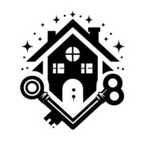 Black and White Real Estate stylized house with crossshaped window, two keys, and sparkle elements, promoting homeownership and security. vector