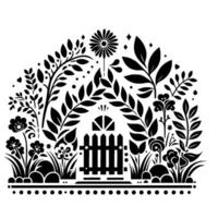Stylized Black and White Garden Scene with Decorative Fence, Flowers, and Foliage in a Symmetrical Composition vector
