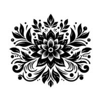 Symmetrical Black and White Floral Mandala with Intricate Leaf and Berry Adornments on a White Background. vector