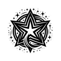 Illustration of a Starburst with a Central FivePointed Star, Surrounded by Circles and Sparkling Star Accents, in a Black and White Style. vector