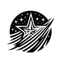 Black and white geometric with a layered starburst within a starry circle, with a shooting star effect. vector