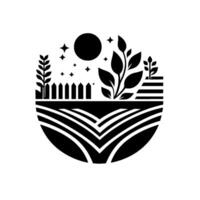 A serene, stylized black and white illustration depicting a moonlit farm scene within a circle, complete with plants, fence, fields, and stars. vector