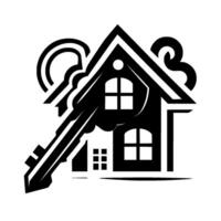 Black and white stylized house with integrated key, cloudlike elements, and minimalist , representing home ownership. vector