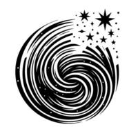 Black and white vortex with radial lines, speckled with dots, launching stars from its center. vector