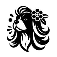 Black and white stylized illustration of a glamorous dog wearing a flower, exuding charm and sophistication against a clean backdrop. vector