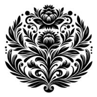 Symmetrical Black Floral Ornament on White Detailed, Stylized Botanical Pattern with Leafy Sprays, Swirls, and Dots. vector