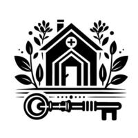 Black and white featuring a stylized house with a plus sign, flanked by foliage and a large decorative key, suggesting home and security. vector
