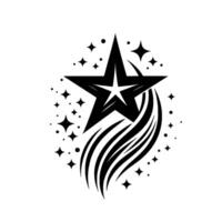 Black and White Star Emblem with Shooting Tail and Sparkling Stars, Minimalist on White Backdrop. vector